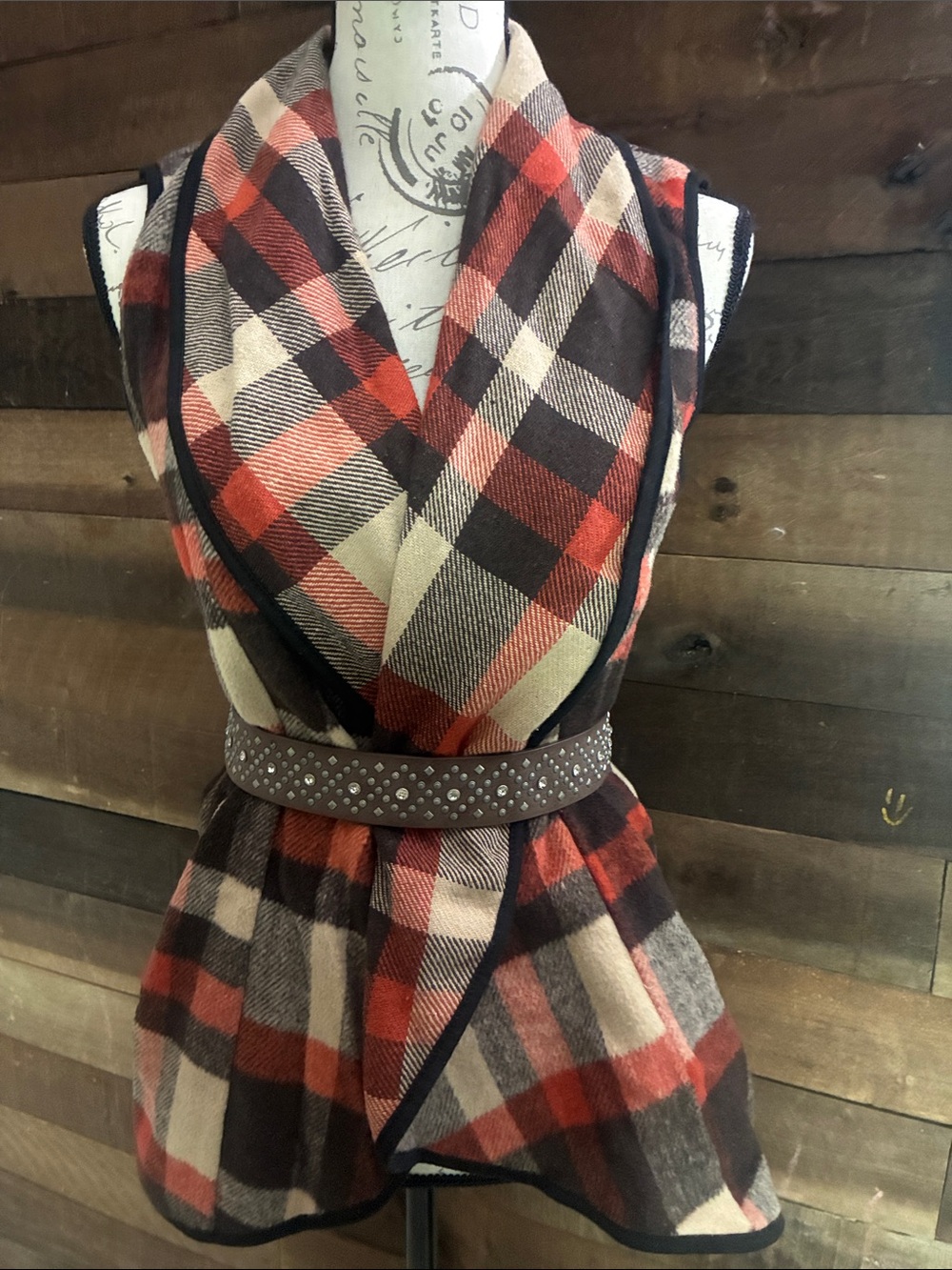 Plaid Open-Front Vest in Red, Cream, and Black - Unbranded